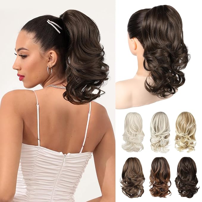 Ponytail Extension - 14" Claw Clip in Ponytail Hair Extensions Natural Soft Synthetic Layered Wavy Pony Tail Hair Pieces for Women - Chocolate Brown