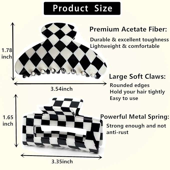 Womens Checkered Hair Clip Large Checkered Claw Clips Black And White Jaw Clip,2pack
