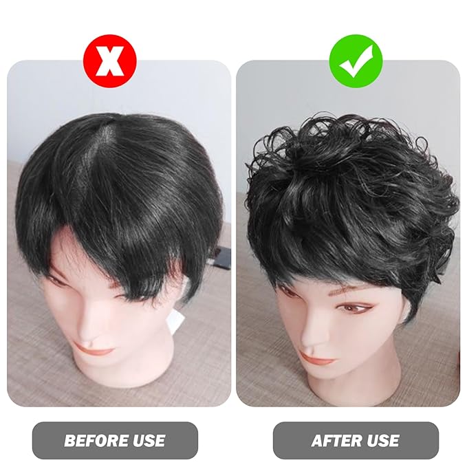 5.1'' Black Hair Toppers for Women, Curly Synthetic Hair Topper with Bangs, Breathable Fluffy Clip-in Natural Wig Toppers, Thinning/Loss, For Thin