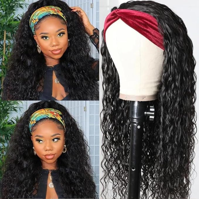 KLAIYI Headband Human Hair Wig Water Wave Curly Non Lace Front Wigs for Black Women Deep Wave Glueless Wear and Go Half Wig with Band 30S Ready to Go Beginner Friendly 180% Density Full Natural 26Inch