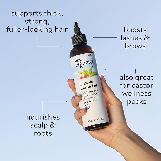 Sky Organics Castor Oil - USDA Certified Organic Hair Oil for Hair Growth, Skin, Face, Eyelashes - Cold Pressed & Hexane Free - Pure Organic Castor Oil Pack Wrap - Carrier & Hair Treatment Oil