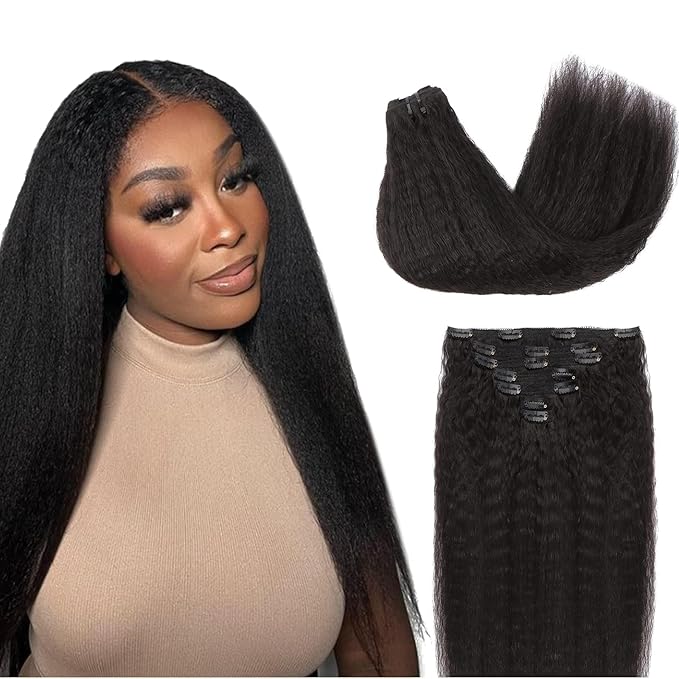 Lashey Clip in Hair Extensions Human Hair, Kinky Straight Remy Human Hair 24 Inch 120g 7pcs Natural Black #1B, Long Thick Clip in Hair Extensions for Black Women