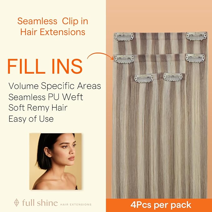 Full Shine Seamless Clip in Hair Extensions Human Hair, Highlights Blonde to Ash Blonde Real Hair Extensions Clip in, 4Pcs 20Inch 95 grams, Seamless Wefts for Thin Hair Add Volume