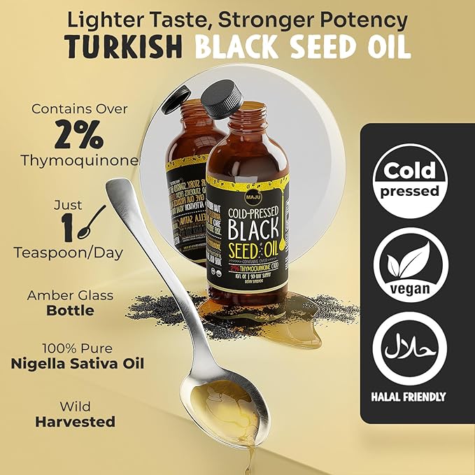 MAJU's Black Seed Oil 16oz: 3X Thymoquinone, Cold Pressed, 100% Turkish Black Cumin Nigella Sativa Seed Oil (Better Than Organic), Non-GMO, 100% Liquid Pure Blackseed, Glass Bottle