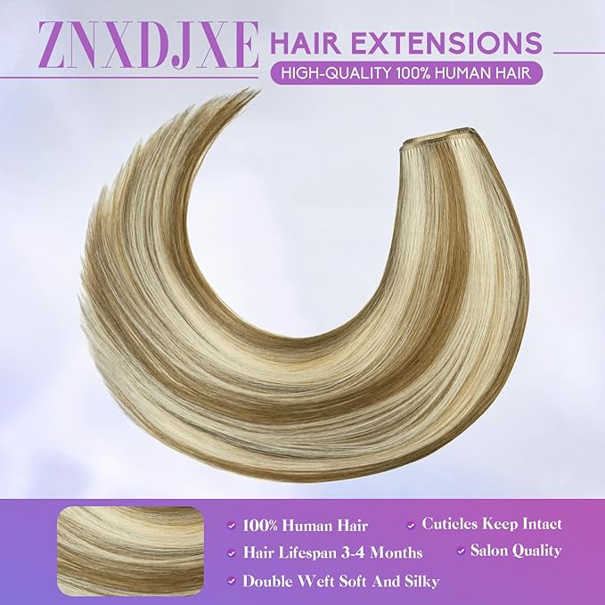 Blonde Clip in Hair Extensions Real Human Hair, 14 Inch 75g Natural Human Hair, Remy Human Hair Extensions Cip ins for Women 8pcs Per Set #16/22 Light Blonde Highlighted Golden Blonde