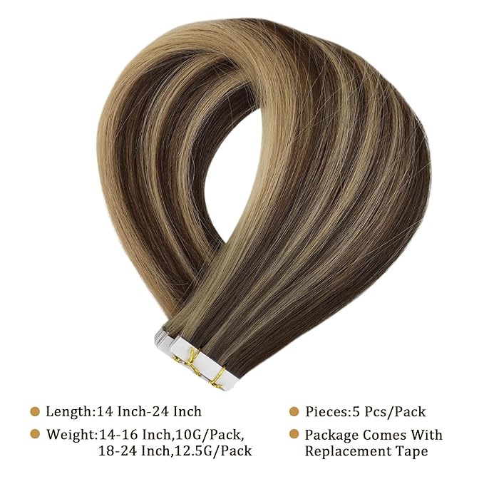 Full Shine Remy Virgin Injection Tape in Hair Extensions Real Human Hair Color BM Balayage Tape in Extensions 16 Inch Seamless Tapes in Human Hair Invisible Tapes Extensions 5Pcs 10G