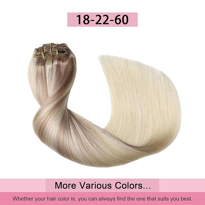 Pro2.0 Clip in Hair Extensions Real Human Hair 22inch 7pcs #18/22/60 Balayage Ash Blonde to Golden Blonde and Platinum Blonde Hair Extensions Clip in Human Hair 120g（#18/22/60-22inch）