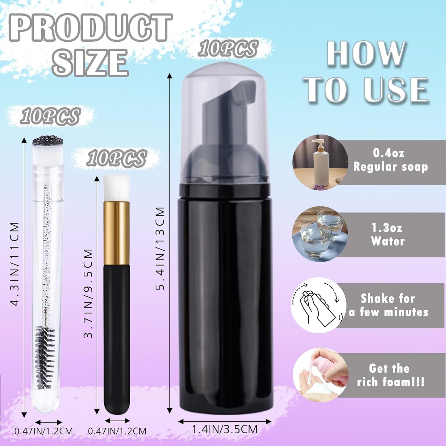 50PCS Lash Shampoo Bottles Brushes Set, Empty Lash Shampoo Bottle, Lash Cleaning Brush, Eyelash Extension Tube Brush, Instructions Cards, Aftercare Bags for Lash Business Clients (50pcs in black)