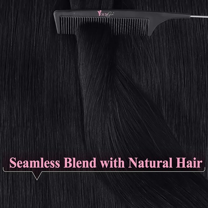 YoungSee 28 Inch Tape in Hair Extensions Human Hair Black Tape in Extensions Real Human Hair Tape-in Hair Extension Black Girl Glue in Hair Extension for Long Hair 50g 20pcs