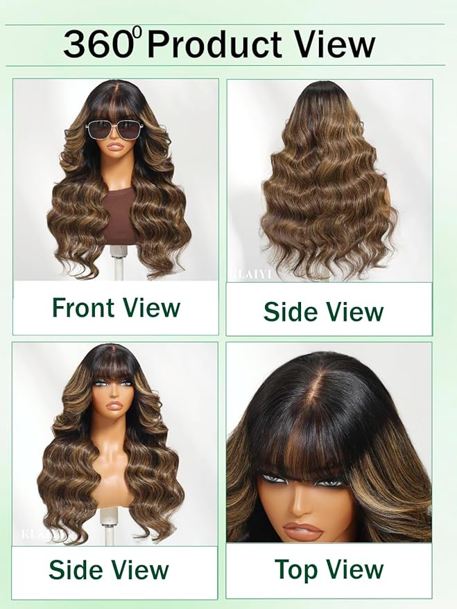 KLAIYI Ombre Brown Loose Body Wave Bye Bye Knots Glueless Precut 7x5 HD Lace Front Human Hair Bang Wig Drawstring Highlight Balayage Brown Pre Plucked Bleached 30S Ready to Wear and Go Wig 180% 20Inch