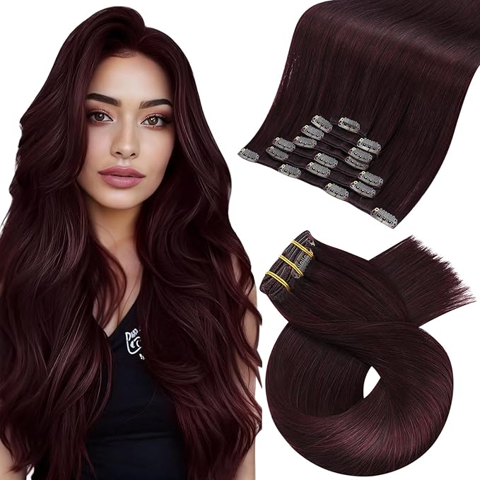 Moresoo Burgundy Clip in Hair Extensions Real Human Hair Double Weft Dark Red Hair Extensions Clip ins Human Hair Red Wine #99J 7Pieces 120G 18inch