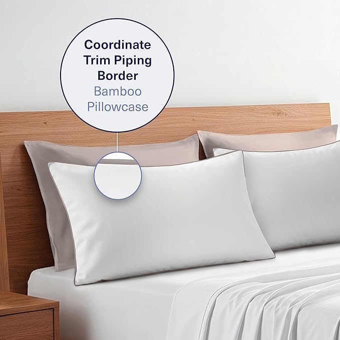 Kickoff Viscose Bamboo Pillowcase, Queen, Set of 2, 100% Organic Hidden Zippered Viscose Bamboo Pillow Case Queen Size, Cooling Pillow Cover for Hot Sleepers (20"x30", Trimmed, Grey Mist)