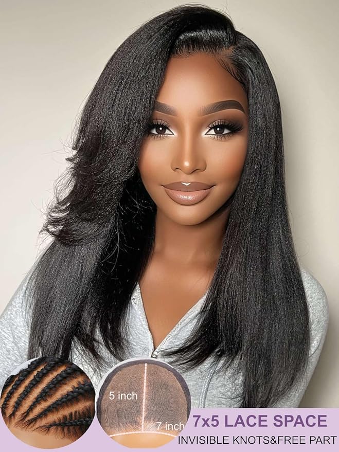 Yiroo Light Yaki Straight Wig Human Hair with Side Swept Bangs,7x5 Lace Front Bye Bye Knots Glueless Wig Human Hair Pre Plucked Pre Cut,Elastic Drawstring Wear and Go Wig for Women 150% Density 22Inch