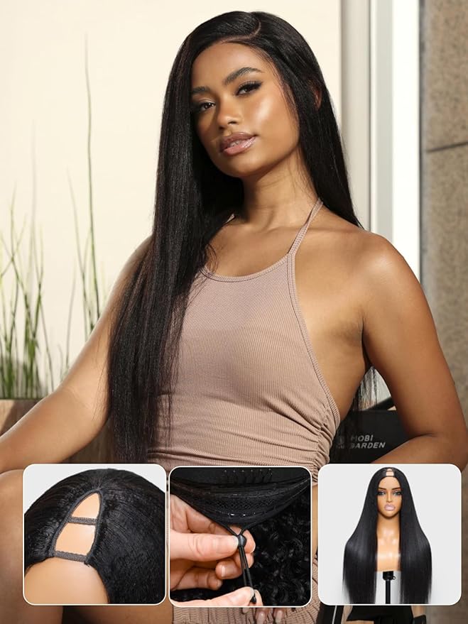 YIROO EasiContour V Part Wigs Human Hair Yaki Straight Human Hair Wigs No Leave Out Glueless Upgraded U Part Wigs for Women V Shape Clip in Vpart Wig No Sew in No Glue Beginner Friendly 22 inch