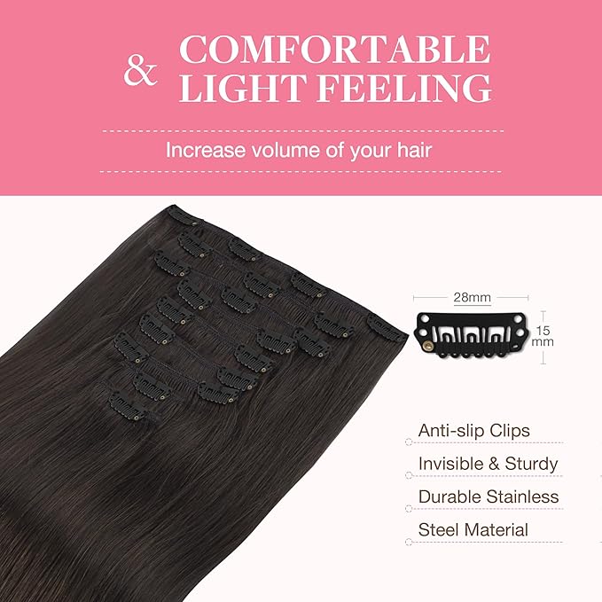GOO GOO Clip in Hair Extensions Real Human Hair, Remy Human Hair Extensions Clip ins for Women, Natural Human Hair, 16inch 150g 9Pcs, 2 Dark Brown