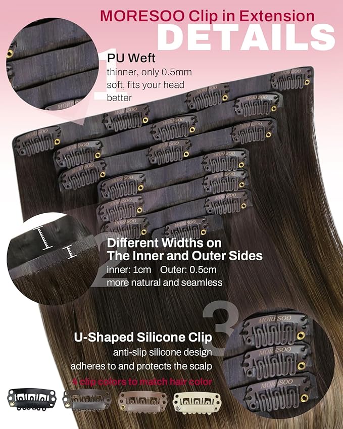 Moresoo Seamless Hair Extensions Clip in Human Hair Balayage Seamless Clip in Human Hair Extensions Dark Brown to Dark Ash Blonde with Dark Blonde 7pcs/120g 20inch