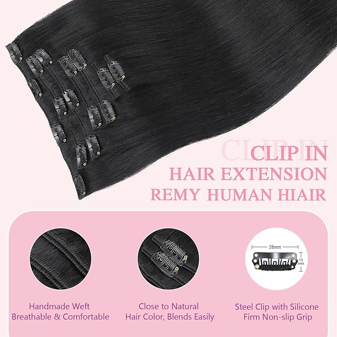 PINKPEARL Clip in Hair Extensions Real Human Hair #1 Jet Black Human Hair Extensions Clip ins 14 inch Extensions Human Hair Clip 120g 7pcs Straight Thick Natural Human Hair(#1-14)