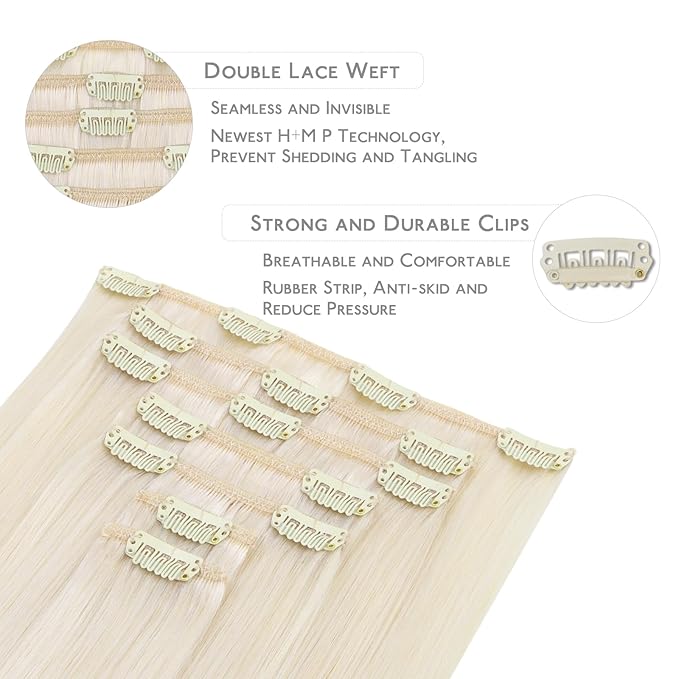 WENNALIFE Clip in Hair Extensions, 16 Inch 120g 7pcs Real Human Hair, White Blonde Remy Hair Extensions Clip Ins Double Weft