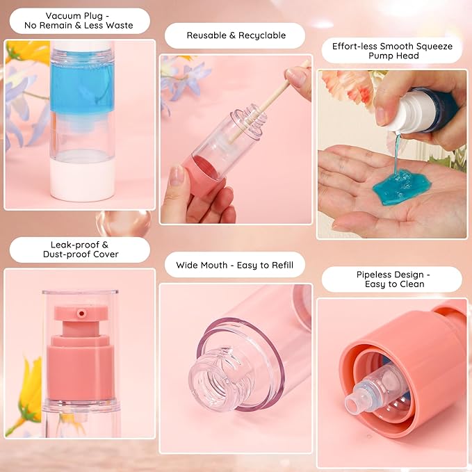 Segbeauty 1oz Refillable Small Airless Pump Bottles, 3pcs Empty Travel Size Containers for Creams, Mini Vacuum Lotion Travel Bottles for Toiletries, 30ml Pump Dispenser Sample Containers for Liquids