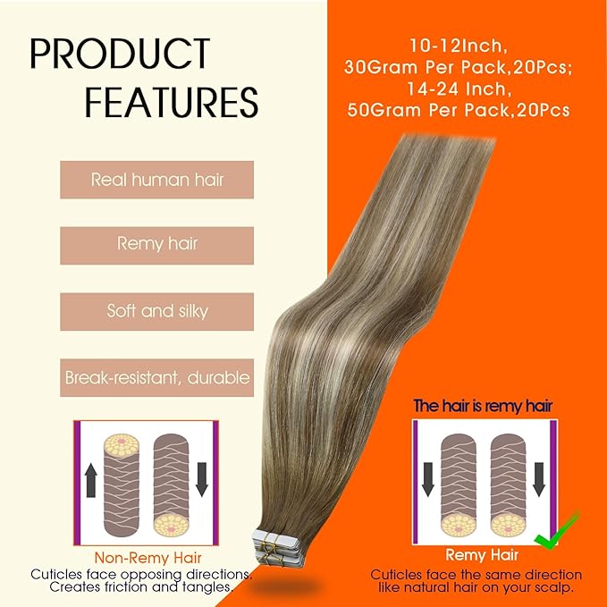 Full Shine Balayage Tape in Hair Extensions Real Human Hair 20 Inch Tape in Extensions Chestnut Brown Ombre to Platinum Blonde Highlighted Brown Adhesive PU Tapes ins 20Pcs Thick End for Women 50G