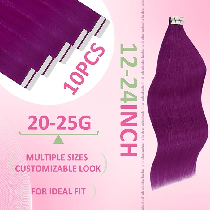YoungSee Tape in Hair Extensions Purple Human Hair Tape in Extensions Purple 22In Colorful Tape on Hair Extension Real Human Hair Long-Hair Colored for Kids 10pcs 25g