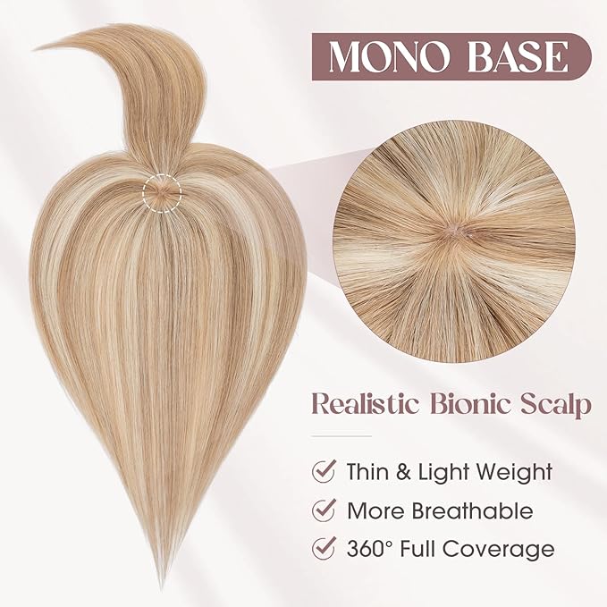 MY-LADY Human Hair Toppers for Women Real Human Hair with Bangs Thin 8.5 * 8.5CM Mono Base Clip in Remy Hairpieces Light Weight 10 Inch Golden Brown Mixed Bleach Blonde