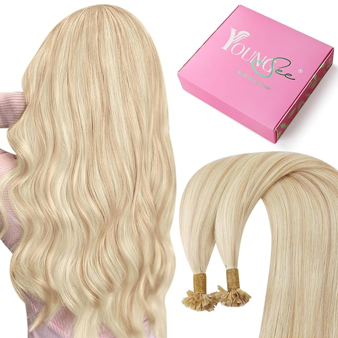 YoungSee Keratin Tip Hair Extensions Human Hair Blonde 24 Inch K Tip Hair Extensions Long Ktips Hair Extensions Human Hair Blonde Highlight Invisible Keratin Bond Hair Extensions Remy 50g #18/613