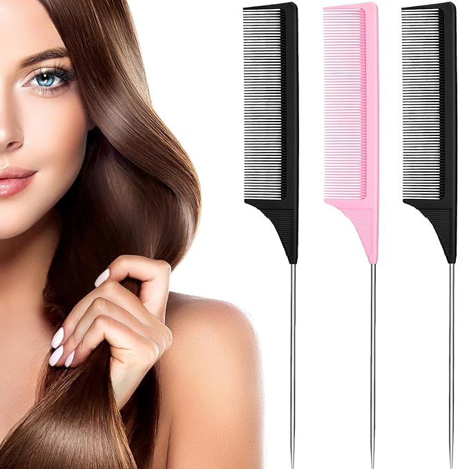 Leinuosen 3 Packs Rat Tail Comb Steel Pin Rat Tail Carbon Fiber Heat Resistant Teasing Combs with Stainless Steel Pintail (Pink, Black)