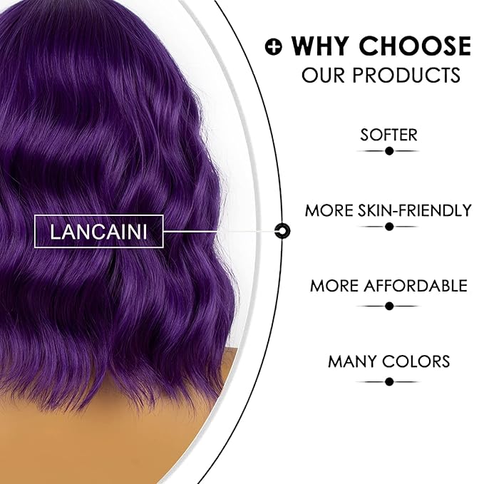 Dark Purple Short Bob Wigs with Bangs for Women Loose Wavy Wig Curly Wavy Shoulder Length Bob Synthetic Cosplay Wig for Girl Colorful Costume Wigs