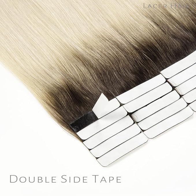 Lacer Hair Extensions Tape in Human Hair Natural Balayage R#2/60 Darkest Brown to Platinum Blonde Seamless PU Skin Weft 22 Inch Tape In Hair Extensions Real Remy Human Hair Double Side 100g 40pcs