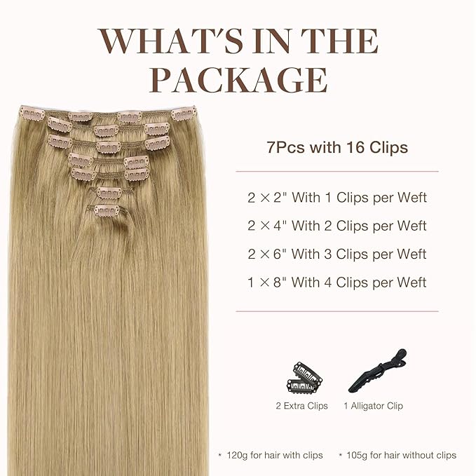 GOO GOO Clip in Hair Extensions Real Human Hair, Remy Human Hair Extensions Clip ins for Women, Natural Human Hair, 18inch 120g 7Pcs, 7 Bronde