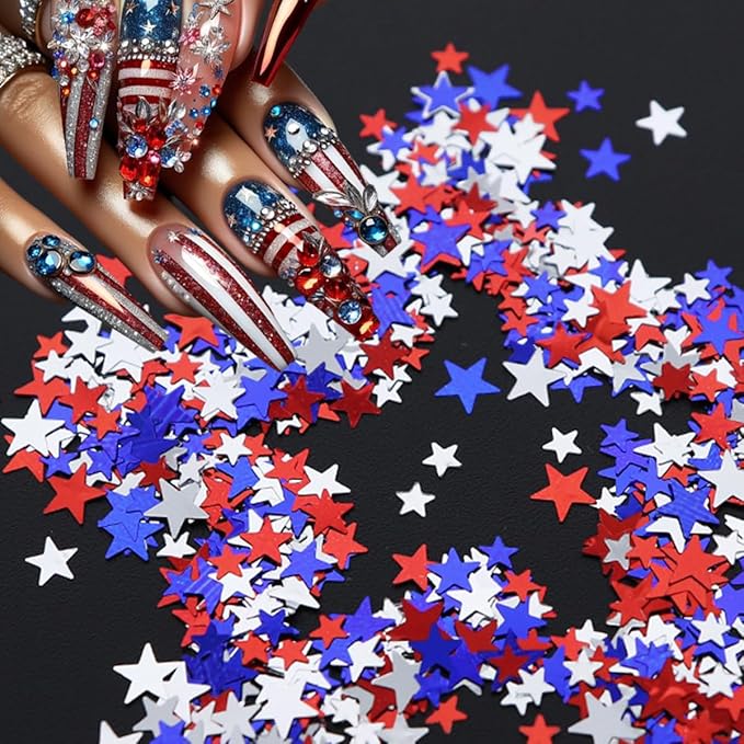 12 Grid July 4th Nail Art Glitter Sequins Independence Day Star Nail Decal Gold Glitter Flakes for Women