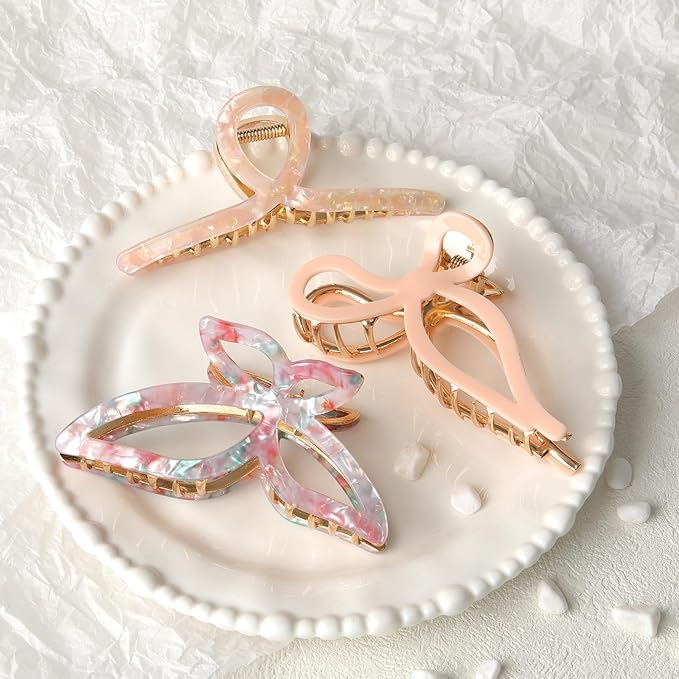 HAIMEIKANG 3 PCs Metal Acrylic Hair Bow Claw Clips - Strong Hold Non-Slip Large Gold Clips for Thick Hair