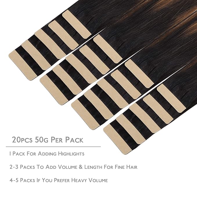 WENNALIFE Tape in Hair Extensions Human Hair, 20pcs 50g 16 inch Natural Black Mixed Chestnut Brown Remy Hair Extensions Straight Human Hair Tape in Extensions Skin Weft Tape Extensions Human Hair