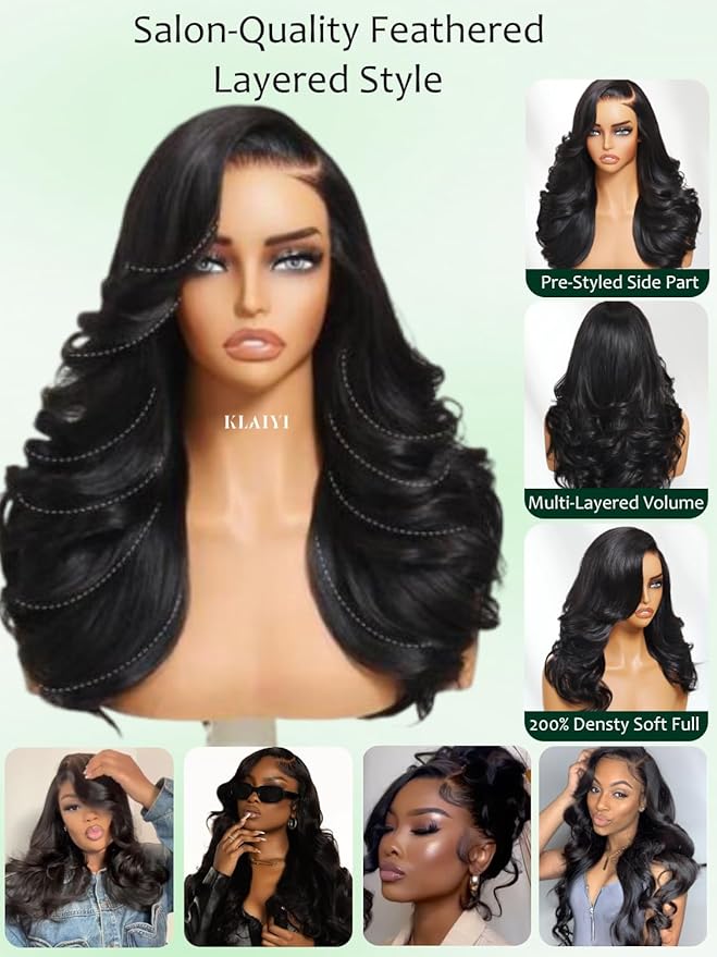 KLAIYI Bye Bye Slip™ Loose Body Wave Wig Layer Side Part 200% Density 7X5 Pre Cut Lace Front Wigs Human Hair Drawstring Glueless 30S Ready to Wear and Go Beginner Wig Pre Plucked Bleached Knots 18Inch
