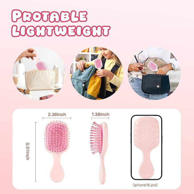 Mini Hair Bursh for Women and Girls, Protable Travel Size Hair Brush for Pockets Purses, Mini Detangler Brush for All Hair Types, Small Paddle Brush for Detangling(Pink)