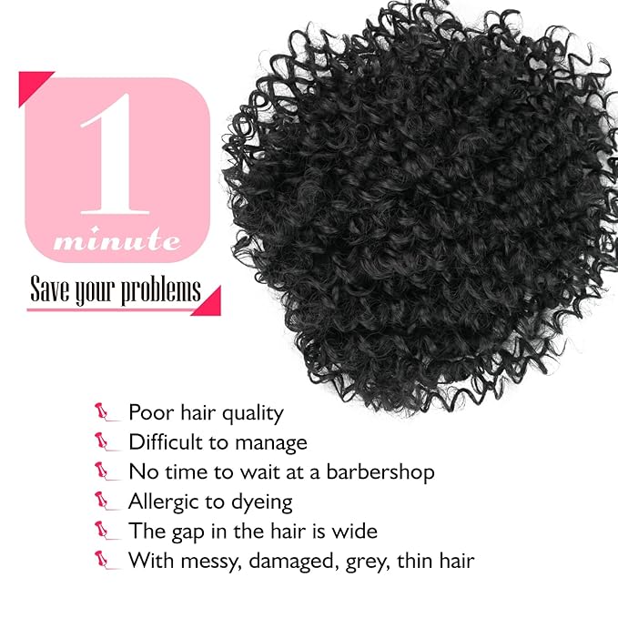 Natural Afro Kinky Curly Short Hair Toppers With Bangs - Black Clip-in Synthetic Wiglets for Men and Women With Thinning Hair - Instant Volume and Style