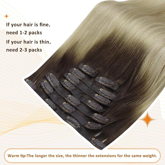 Full Shine Human Hair Clip in Extensions 16 Inch Ombre Dark Brown to Ash Blonde and Platinum Blonde Real Human Hair Clip ins Extension Thick End 8 PCS 120 Grams