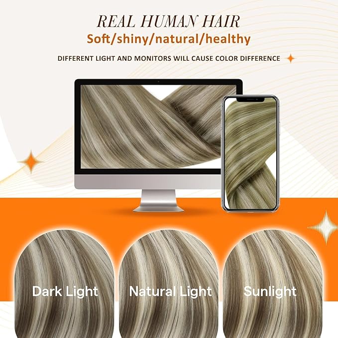 Full Shine Brown Blonde Highlighted Clip in Extensions Ash Brown Highlighted Platinum Blonde Seamless Clip in Highlighted Extensions Clip in 20 Inch 120 G 8 PCS
