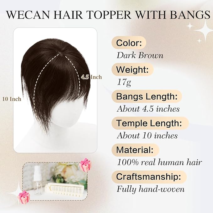 Hair Toppers for Women Real Human Hair 3D Bangs Clip 100% Human Toppers for Women 10 Inch Clip in Bangs Hairpieces (Dark Brown)
