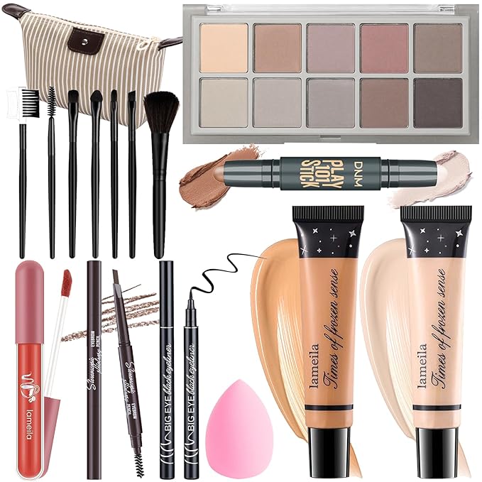 Makeup Kit For Girls Teens Women, Makeup Set, Makeup Present,Includes Eyeshadow Palette, Foundation, Eyebrow Pencil, Eyeliner, Lip Gloss, Counter Stick, Makeup Brush Set Bag & Sponge
