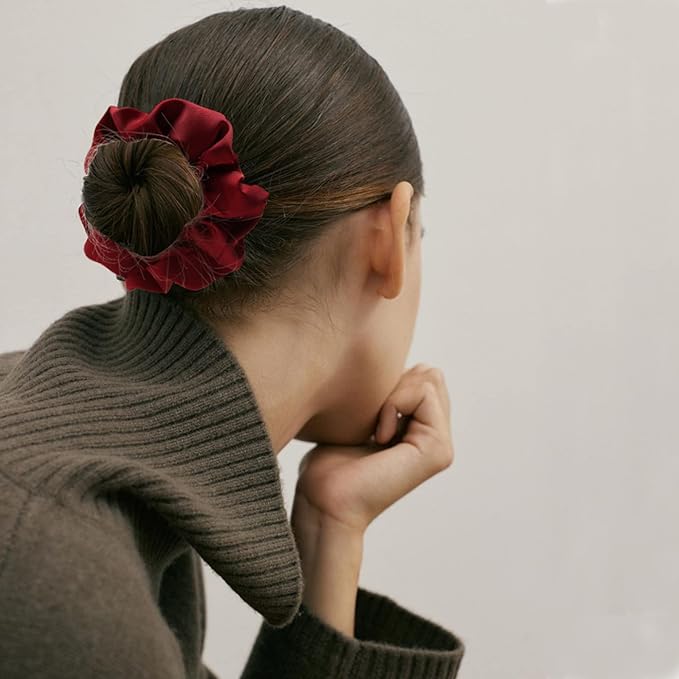 Big Silk Scrunchies for Women,Better than Satin,Silky Soft Scrunchie for Bun Luxurious Ponytail Holders Elastic Hair Ties No Damage (Black White Silver Red Brown)