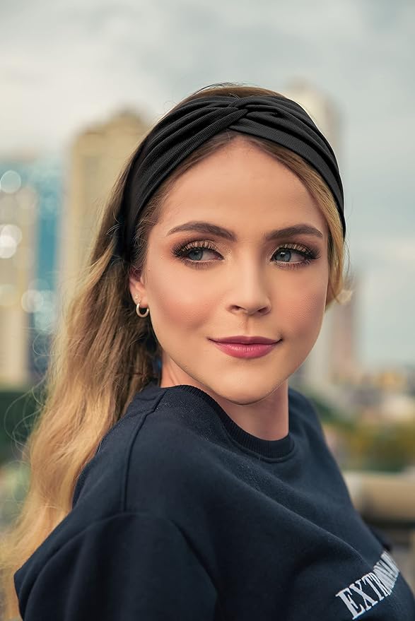 Tobeffect Black Headbands for Women Non Slip Turban Headband Boho Elastic Head Band Hair Accessories (Black Grace)