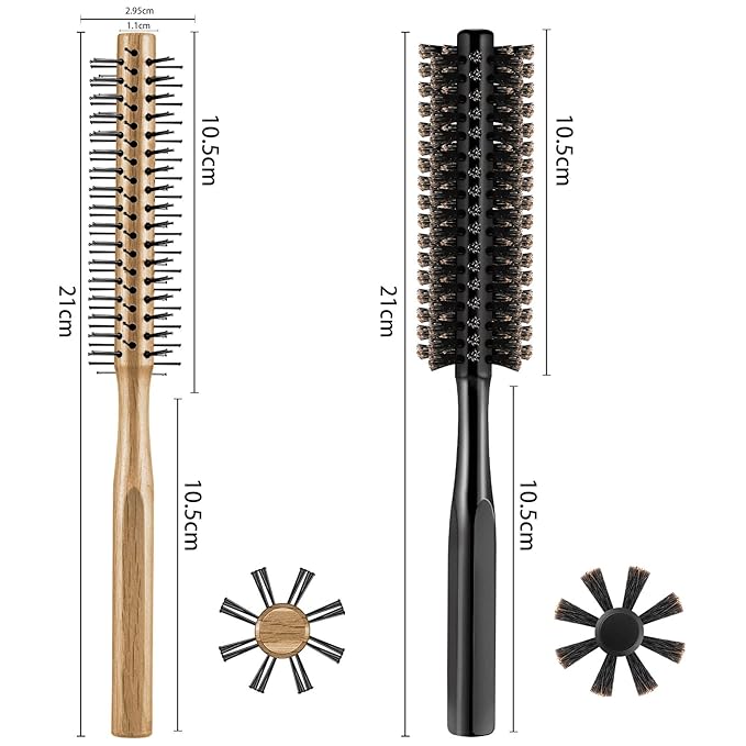 Geiserailie 2 Pieces Thick Round Hair Comb Bristle Blow Drying Hairbrush Small Brush Short Hair Massage Comb Head Massage Round Brush Roll Hairbrush for Wet or Dry(Black, Wood Color)