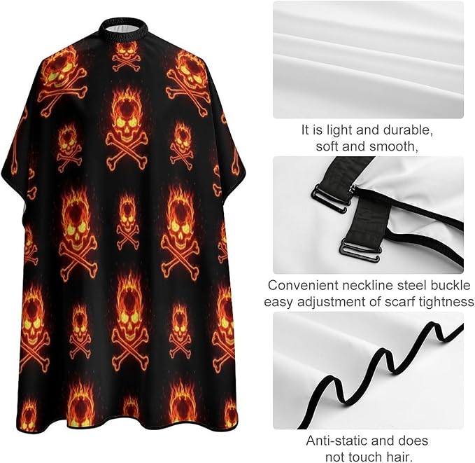 Men Fire Flaming Skulls Crossbones Salon Gown Cape, Full Coverage Haircut Hairdressing Cloth Apron for Hairstylists, Barber Aceessories