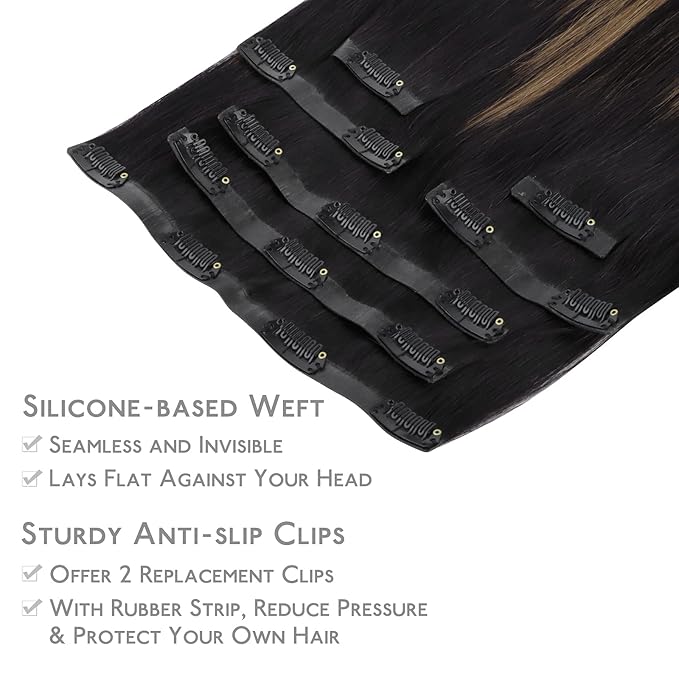 WENNALIFE Seamless Clip In Hair Extensions, 18 Inch 130g 7pcs Natural Black Mixed Chestnut Brown Hair Extensions Clip in Human Hair Invisible PU Skin Weft Natural Remy Human Hair Extensions