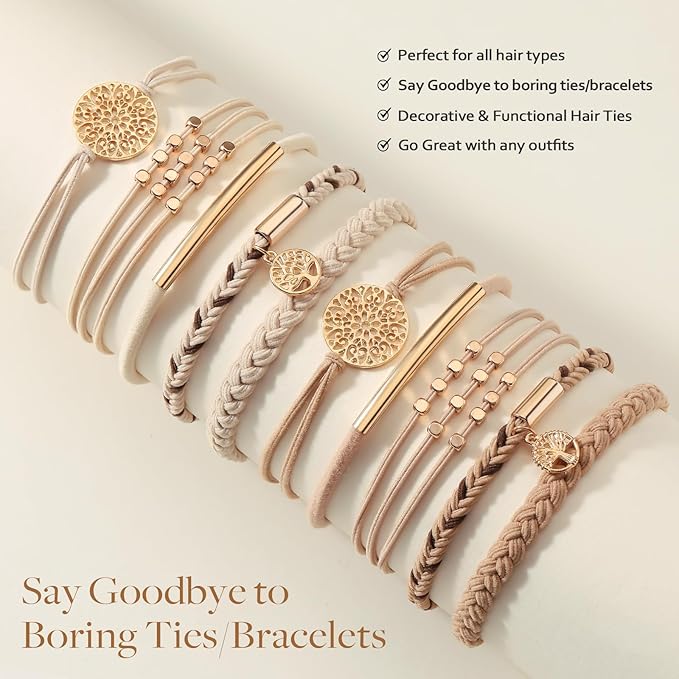 10 Boho Bracelets, Braided & Stretch Hair Ties for Thick/Thin Hair, 5 Styles, Light Coffee Colors - No Damage Ponytail Holders