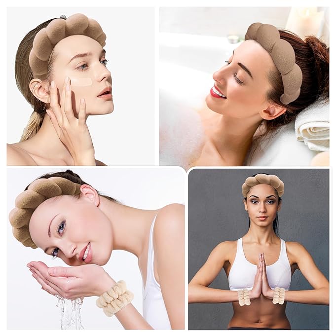 Zkptops Spa Headband for Washing Face Wristband Set Sponge Makeup Skincare Terry Cloth Bubble Soft Get Ready Hairband for Women Girl Puffy Padded Headwear Non Slip Thick Hair Accessory(Brown-2)