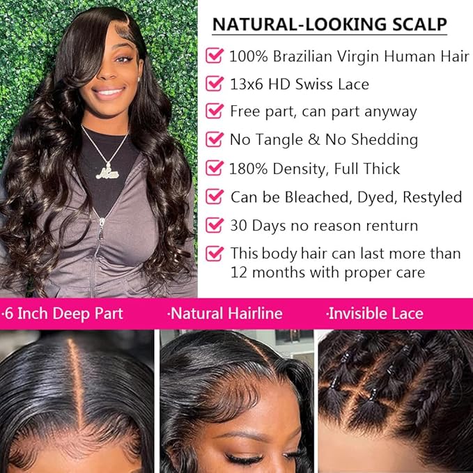 13x6 Body Wave Lace Front Wigs Human Hair Pre Plucked Glueless Wigs Human Hair 180% Density HD Transparent Lace Frontal Wig Human Hair for Black Women Body Wave Wig 20 Inch