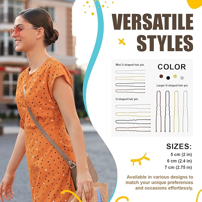 HOYOLS U Shaped Assorted Size Hair Bobby Pins, Metal Bun Clips Hairpin Crimped Design with Ball Tips for Women Girls Grips Hairstyle, 150 Count Bulk Pack (Brown)